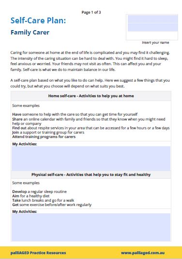 Screenshot of palliAGED Self-Care plan pdf
